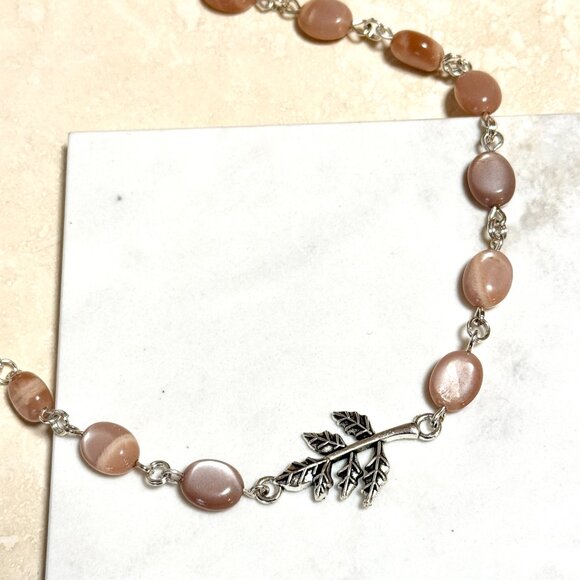 Peach Moonstone Adjustable Choker, Leaf Branch Pendant + Genuine Gemstone - Picture 5 of 16